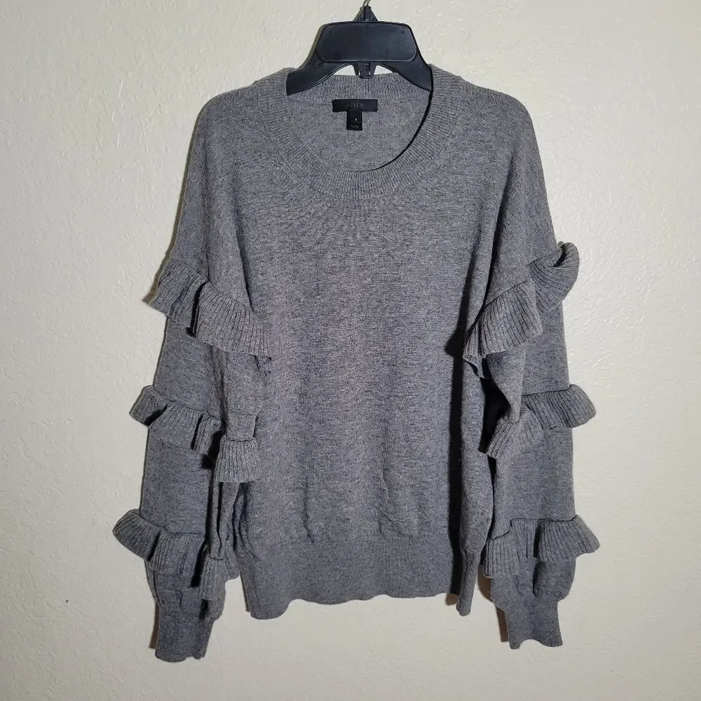 J.Crew | Hope Gray Cascading Ruffle Sleeves Sweater Wool Blend Preppy Boho S